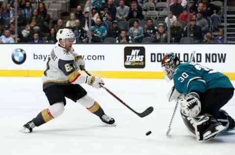 SAN JOSE, CALIFORNIA – MARCH 18: Aaron Dell #30 of the San Jose Sharks makes a save on a shot taken by Jonathan Marchessault #81 of the Vegas Golden Knights at SAP Center on March 18, 2019 in San Jose, California. (Photo by Ezra Shaw/Getty Images)