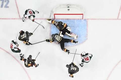 LAS VEGAS, NEVADA – DECEMBER 17: Marc-Andre Fleury #29 of the Vegas Golden Knights saves a shot during the third period against the Minnesota Wild at T-Mobile Arena on December 17, 2019, in Las Vegas, Nevada. (Photo by Al Powers/NHLI via Getty Images)