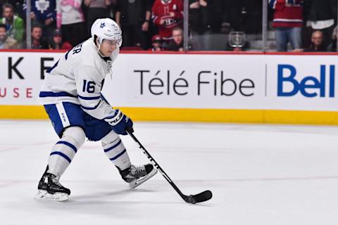 MONTREAL, QC – APRIL 06: Mitchell Marner #16 of the Toronto Maple Leafs skates the puck in a shootout against the Montreal Canadiens during the NHL game at the Bell Centre on April 6, 2019 in Montreal, Quebec, Canada. The Montreal Canadiens defeated the Toronto Maple Leafs 6-5 in a shootout. (Photo by Minas Panagiotakis/Getty Images)