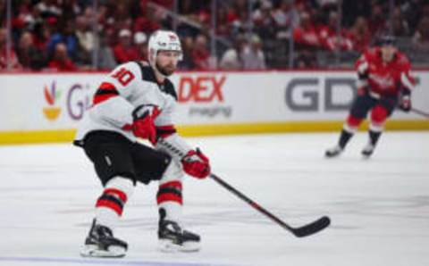 WASHINGTON, DC – APRIL 13: Tomas Tatar #90 of the New Jersey Devils in action against the Washington Capitals during the first period of the game at Capital One Arena on April 13, 2023 in Washington, DC. (Photo by Scott Taetsch/Getty Images)