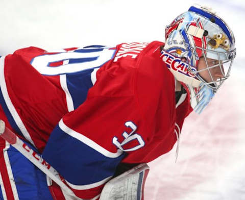 Dec 1, 2015; Montreal, Quebec, CAN; Montreal Canadiens goalie Zachary Fucale (30) before the game against Columbus Blue Jackets at Bell Centre. Mandatory Credit: Jean-Yves Ahern-USA TODAY Sports