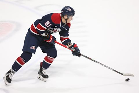 Cole Perfetti #91 of the Saginaw Spirit . (Photo by Chris Tanouye/Getty Images)