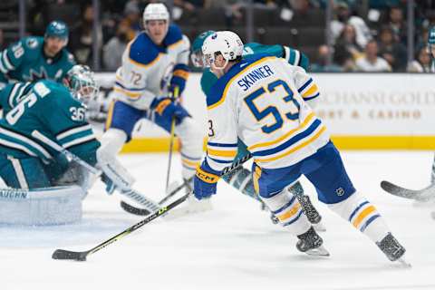 Feb 18, 2023; San Jose, California, USA; Buffalo Sabres left wing Jeff Skinner (53) controls the puck during the third period against the San Jose Sharks at SAP Center at San Jose. Mandatory Credit: Stan Szeto-USA TODAY Sports