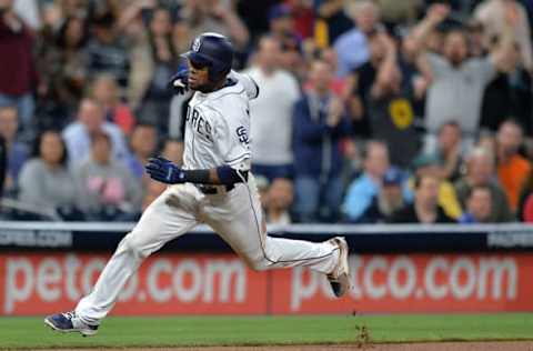 May 2, 2017; San Diego, CA, USA; San Diego Padres center fielder Manuel Margot (7) during the sixth inning against the Colorado Rockies at Petco Park. Mandatory Credit: Jake Roth-USA TODAY Sports