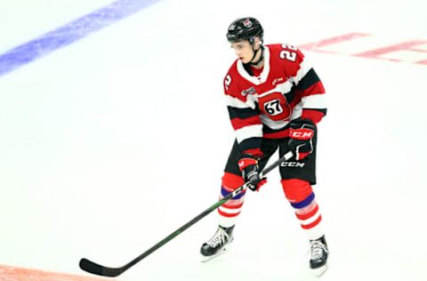 HAMILTON, ON – JANUARY 16: Jack Quinn #22 of Team Red skates during warm up for the 2020 CHL/NHL Top Prospects Game against Team White at FirstOntario Centre on January 16, 2020 in Hamilton, Canada. (Photo by Vaughn Ridley/Getty Images)