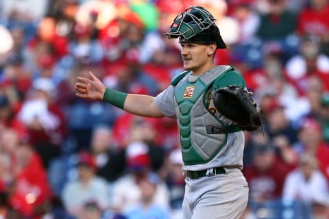 PHILADELPHIA, PA – APRIL 08: Sean Murphy #12 of the Oakland Athletics in action against the Philadelphia Phillies during a game at Citizens Bank Park on April 8, 2022 in Philadelphia, Pennsylvania. (Photo by Rich Schultz/Getty Images)