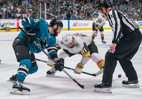 SAN JOSE, CA – APRIL 23: San Jose Sharks right wing Barclay Goodrow (23) faces off with Vegas Golden Knights center Cody Eakin (21) during Game 7, Round 1 between the Vegas Golden Knights and the San Jose Sharks on Tuesday, April 23, 2019 at the SAP Center in San Jose, California. (Photo by Douglas Stringer/Icon Sportswire via Getty Images)