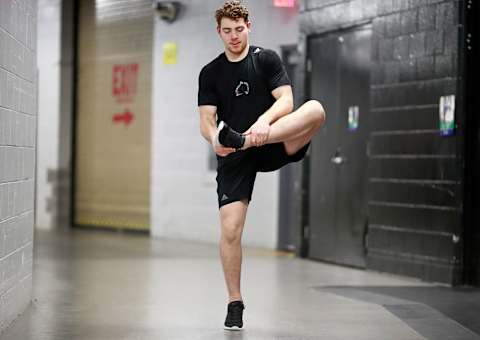 VANCOUVER, BC – FEBRUARY 20: Tyson Jost #17 of the Colorado Avalanche stretches before their NHL game against the Vancouver Canucks at Rogers Arena February 20, 2018 in Vancouver, British Columbia, Canada. (Photo by Jeff Vinnick/NHLI via Getty Images)