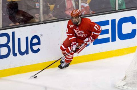 BOSTON, MA – MARCH 17: Dante Fabbro #17 of the Boston University Terriers skates against the Providence College Friars during NCAA hockey in the Hockey East Championship Final at TD Garden on March 17, 2018 in Boston, Massachusetts. The Terriers won 2-0. (Photo by Richard T Gagnon/Getty Images)