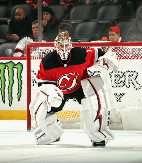 NEWARK, NEW JERSEY – OCTOBER 18: Keith Kinkaid #1 of the New Jersey Devils skates against the Colorado Avalanche at the Prudential Center on October 18, 2018 in Newark, New Jersey. The Avalanche defeated the Devils 5-3. (Photo by Bruce Bennett/Getty Images)