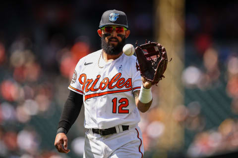 Jun 19, 2022; Baltimore, Maryland, USA; Baltimore Orioles second baseman Rougned Odor (12) looks on after making a play against the Tampa Bay Rays at Oriole Park at Camden Yards. Mandatory Credit: Scott Taetsch-USA TODAY Sports