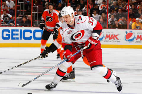 PHILADELPHIA – NOVEMBER 01: Anton Babchuk #33 of the Carolina Hurricanes skates against the Philadelphia Flyers on November 1, 2010 at the Wells Fargo Center in Philadelphia, Pennsylvania. Flyers defeat the Hurricanes 3-2. (Photo by Mike Stobe/Getty Images)