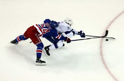 NEW YORK, NEW YORK – JUNE 09: Anthony Cirelli #71 of the Tampa Bay Lightning skates against Tyler Motte #64 of the New York Rangers during the first period in Game Five of the Eastern Conference Final of the 2022 Stanley Cup Playoffs at Madison Square Garden on June 09, 2022, in New York City. (Photo by Al Bello/Getty Images)