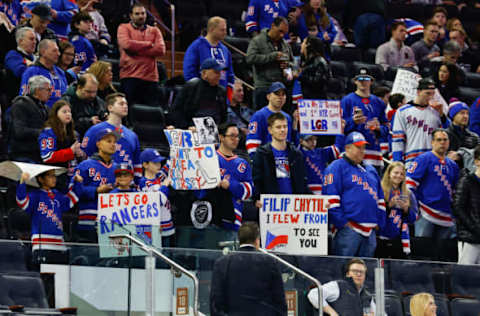 NEW YORK, NY – MARCH 18: New York Rangers fans hold up signs during warm-up prior to the game against the Pittsburgh Penguins on March 18, 2023, at Madison Square Garden in New York, New York. (Photo by Rich Graessle/Getty Images)