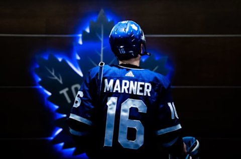 TORONTO, ON - APRIL 4: Mitchell Marner #16 of the Toronto Maple Leafs returns to the dressing room after warm ups before playing the Tampa Bay Lightning at the Scotiabank Arena on April 4, 2019 in Toronto, Ontario, Canada. (Photo by Kevin Sousa/NHLI via Getty Images)