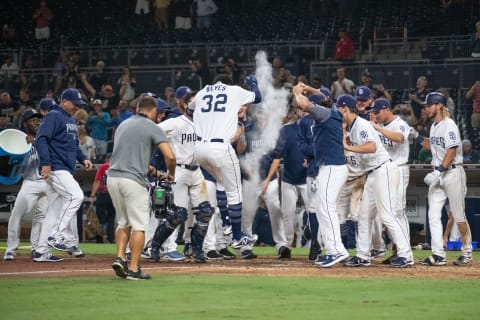 SAN DIEGO, CA – AUGUST 30: San Diego Padres Outfielder Franmil Reyyes (32) celebrates a walk off home run during a MLB game between the Colorado Rockies and the San Diego Padres on August 30, 2018, at Petco Park in San Diego, CA. (Photo by Justin Fine/Icon Sportswire via Getty Images)