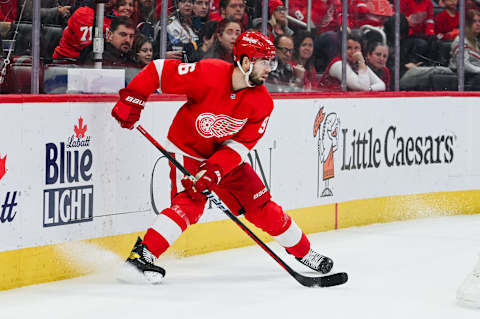 Jan 14, 2023; Detroit, Michigan, USA; Detroit Red Wings defenseman Jake Walman (96) during the third period against the Columbus Blue Jackets at Little Caesars Arena. Mandatory Credit: Tim Fuller-USA TODAY Sports