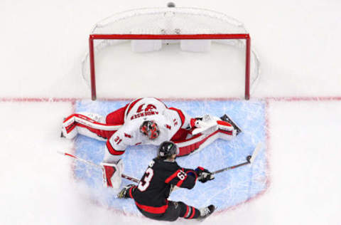 OTTAWA, ONTARIO – JANUARY 27: Frederik Andersen #31 of the Carolina Hurricanes makes a save against Tyler Ennis #63 of the Ottawa Senators during the shootout at Canadian Tire Centre on January 27, 2022, in Ottawa, Ontario. (Photo by Chris Tanouye/Getty Images)