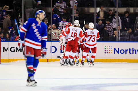 Feb 17, 2022; New York, New York, USA; Detroit Red Wings goalie Thomas Greiss (29) celebrates after win in a shootout against the New York Rangers at Madison Square Garden. Mandatory Credit: Danny Wild-USA TODAY Sports