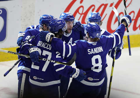 TORONTO, ON- MAY 1 – Chris Mueller, #19, celebrates after scoring as the Toronto Marlies beat the Cleveland Monsters 5-2 in game one in the second round of the Calder Cup Play-offs in Toronto. May 1, 2019. (Steve Russell/Toronto Star via Getty Images)