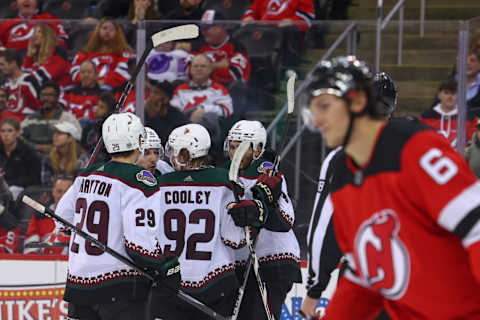 The Arizona Coyotes celebrate a goal by center Nick Schmaltz (8): Ed Mulholland-USA TODAY Sports