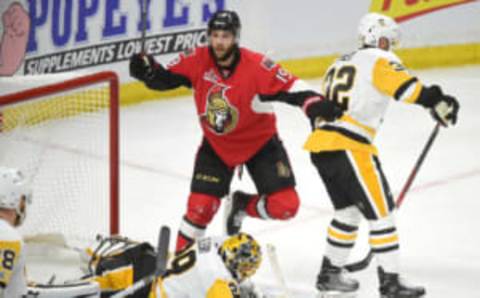 Ottawa Senators forward Derick Brassard (19) celebrates after scoring past Pittsburgh Penguins goalie Marc-Andre Fleury (29) (Dan Hamilton-USA TODAY Sports)