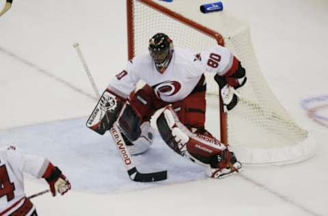 Goaltender Kevin Weekes #80 of the Carolina Hurricanes (DIGITAL IMAGE. Mandatory Credit: Craig Jones/Getty Images/NHLI)