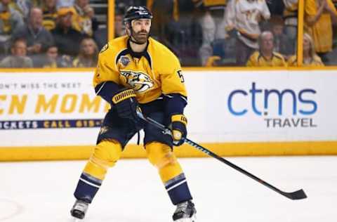 May 5, 2016; Nashville, TN, USA; Nashville Predators defenseman Barret Jackman (5) against the San Jose Sharks in game four of the second round of the 2016 Stanley Cup Playoffs at Bridgestone Arena. The Predators won 4-3. Mandatory Credit: Aaron Doster-USA TODAY Sports