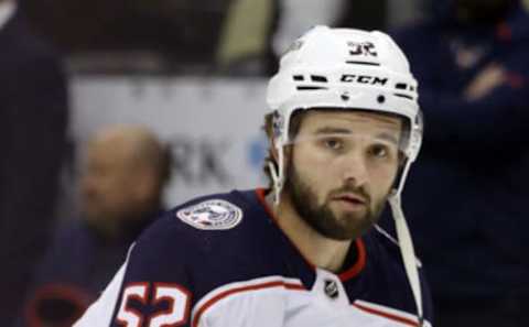 Mar 22, 2022; Pittsburgh, Pennsylvania, USA; Columbus Blue Jackets center Emil Bemstrom (52) warms up before the game against the Pittsburgh Penguins at PPG Paints Arena. Mandatory Credit: Charles LeClaire-USA TODAY Sports