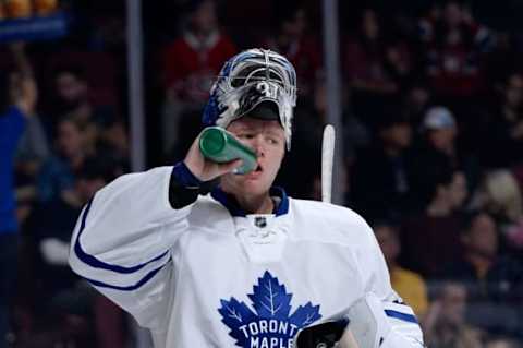 Oct 6, 2016; Montreal, Quebec, CAN; Toronto Maple Leafs goalie Frederik Andersen (31) takes a sip during the second period of a preseason hockey game against the Montreal Canadiens at the Bell Centre. Mandatory Credit: Eric Bolte-USA TODAY Sports