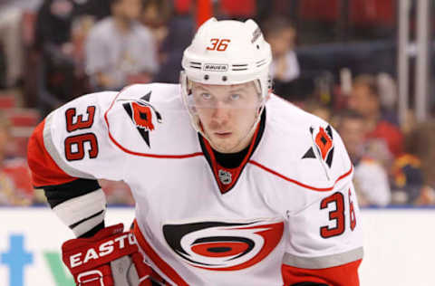 SUNRISE, FL – JANUARY 19: Jussi Jokinen #36 of the Carolina Hurricanes prepares for a faceoff against the Florida Panthers during the season opener at the BB&T Center on January 19, 2013 in Sunrise, Florida. The Panthers defeated the Hurricanes 5-1. (Photo by Joel Auerbach/Getty Images)