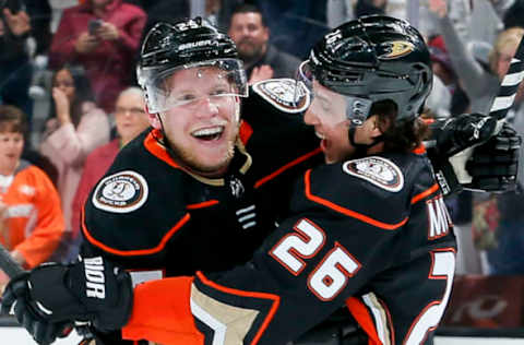 ANAHEIM, CA – APRIL 1: Ondrej Kase #25 and Brandon Montour #26 of the Anaheim Ducks celebrate Kase’s overtime goal as the Ducks defeat the Colorado Avalanche 4-3 in the game at Honda Center on April 1, 2018, in Anaheim, California. (Photo by Debora Robinson/NHLI via Getty Images)