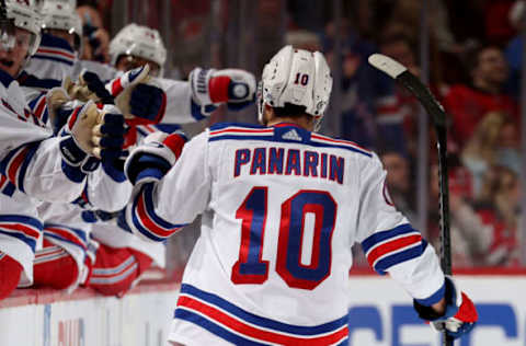 NEWARK, NEW JERSEY – NOVEMBER 18: Artemi Panarin #10 of the New York Rangers celebrates his goal during the third period against the New Jersey Devils at Prudential Center on November 18, 2023 in Newark, New Jersey. The New York Rangers defeated the New Jersey Devils 5-3. (Photo by Elsa/Getty Images)