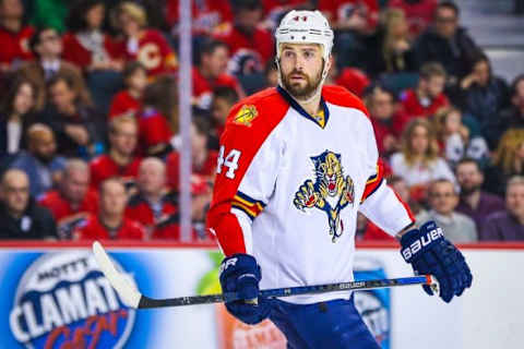 Jan 13, 2016; Calgary, Alberta, CAN; Florida Panthers defenseman Erik Gudbranson (44) skates against the Calgary Flames during the first period at Scotiabank Saddledome. Calgary Flames won 6-0. Mandatory Credit: Sergei Belski-USA TODAY Sports