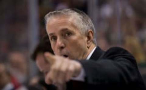 Apr 9, 2016; Saint Paul, MN, USA; Calgary Flames head coach Bob Hartley in the third period against the Minnesota Wild at Xcel Energy Center. Mandatory Credit: Brad Rempel-USA TODAY Sports