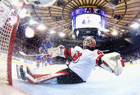 Akira Schmid #40 of the New Jersey Devils. (Photo by Bruce Bennett/Getty Images)