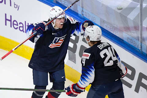 Brett Berard #21 and Bobby Brink #24 of the United States (Photo by Codie McLachlan/Getty Images)