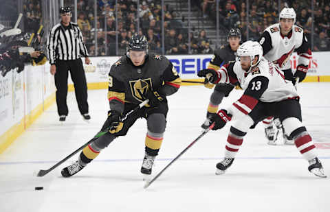 LAS VEGAS, NEVADA – SEPTEMBER 15: Cody Glass #9 of the Vegas Golden Knights skates during the first period against the Arizona Coyotes at T-Mobile Arena on September 15, 2019 in Las Vegas, Nevada. (Photo by David Becker/NHLI via Getty Images)