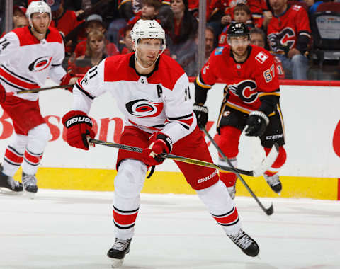 CALGARY, AB – OCTOBER 19: Jordan Staal #11 of the Carolina Hurricanes skates against the Calgary Flames at Scotiabank Saddledome on October 19, 2017 in Calgary, Alberta, Canada. (Photo by Gerry Thomas/NHLI via Getty Images)