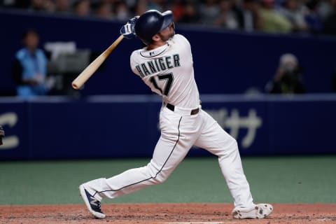 NAGOYA, JAPAN – NOVEMBER 15: Outfielder Mitch Haniger #17 of the Seattle Mariners flies out in the bottom of 6th inning during the game six between Japan and MLB All Stars at Nagoya Dome on November 15, 2018 in Nagoya, Aichi, Japan. (Photo by Kiyoshi Ota/Getty Images)