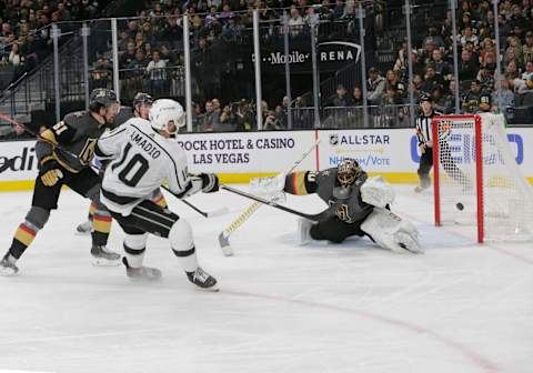 LAS VEGAS, NV – JANUARY 09: Los Angeles Kings center Michael Amadio (10) shoots the puck during a regular season game against the Vegas Golden Knights Thursday, Jan. 9, 2020, at T-Mobile Arena in Las Vegas, Nevada. (Photo by: Marc Sanchez/Icon Sportswire via Getty Images)