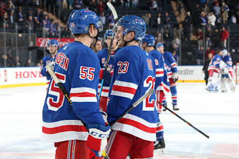 NEW YORK, NY – OCTOBER 29: Ryan Lindgren #55 and Adam Fox #23 of the New York Rangers celebrate after defeating the Tampa Bay Lightning 4-1 at Madison Square Garden on October 29, 2019 in New York City. (Photo by Jared Silber/NHLI via Getty Images)