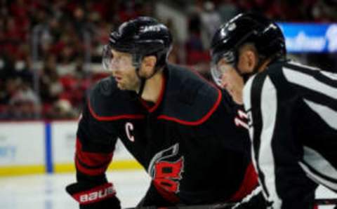 RALEIGH, NC – JANUARY 17: Jordan Staal #11 of the Carolina Hurricanes prepares for a face-off during an NHL game against the Anaheim Ducks on January 17, 2020 at PNC Arena in Raleigh, North Carolina. (Photo by Gregg Forwerck/NHLI via Getty Images)