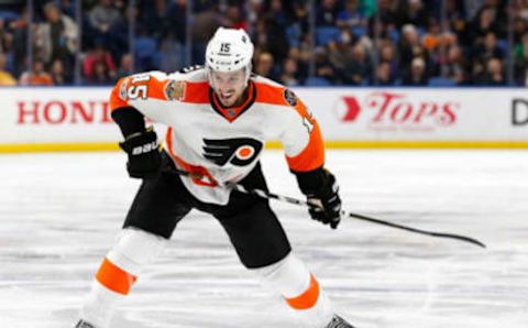 Mar 7, 2017; Buffalo, NY, USA; Philadelphia Flyers defenseman Michael Del Zotto (15) during the game against the Buffalo Sabres at KeyBank Center. Mandatory Credit: Kevin Hoffman-USA TODAY Sports