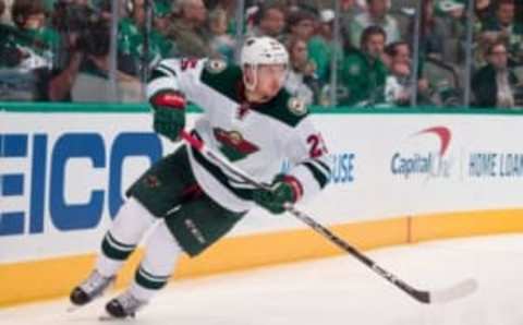 Apr 16, 2016; Dallas, TX, USA; Minnesota Wild defenseman Jonas Brodin (25) skates against the Dallas Stars in game two of the first round of the 2016 Stanley Cup Playoffs at the American Airlines Center. The Stars defeat the Wild 2-1. Mandatory Credit: Jerome Miron-USA TODAY Sports