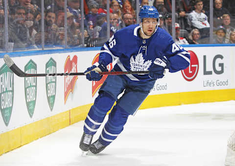 TORONTO, ON – APRIL 9: Ilya Lyubushkin #46 of the Toronto Maple Leafs  .(Photo by Claus Andersen/Getty Images)