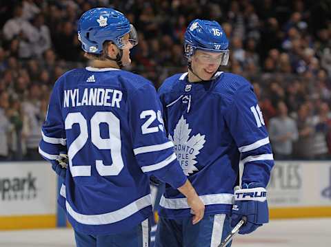 TORONTO, ON – FEBRUARY 10: Mitchell Marner #16 and William Nylander #29 of the Toronto Maple Leafs . (Photo by Claus Andersen/Getty Images)