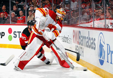 Dan Vladar #80 of the Calgary Flames. (Photo by Bruce Bennett/Getty Images)