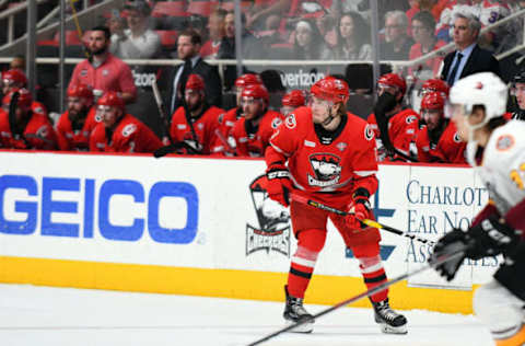 CHARLOTTE, NC – JUNE 02: Charlotte Checkers left wing Aleksi Saarela (7) looks for the pass during game two of the AHL Calder Cup Finals between the Charlotte Checkers and the Chicago Wolves on June 02, 2019 at Bojangles Coliseum in Charlotte,NC. (Photo by Dannie Walls/Icon Sportswire via Getty Images)