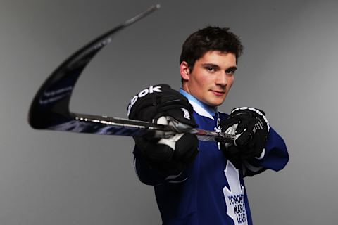 ST PAUL, MN – JUNE 24: 22nd overall pick Tyler Biggs of the Toronto Maple Leafs. (Photo by Nick Laham/Getty Images)